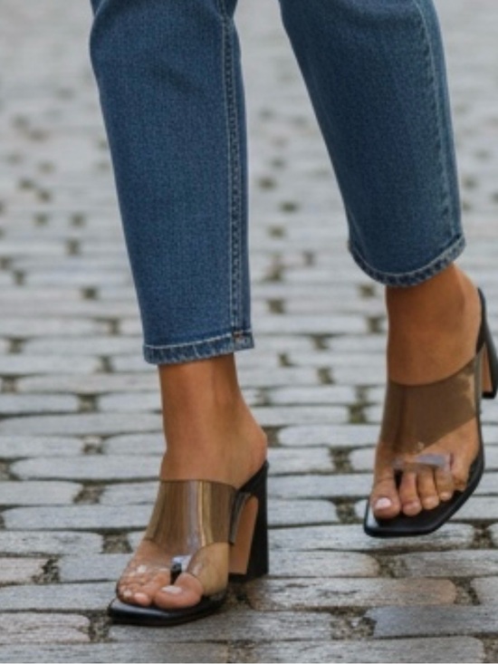 Steve Madden Shoes - Steve Madden Feeva Black Square-Toe Clear Grey Strap Block Heels Size 6.5